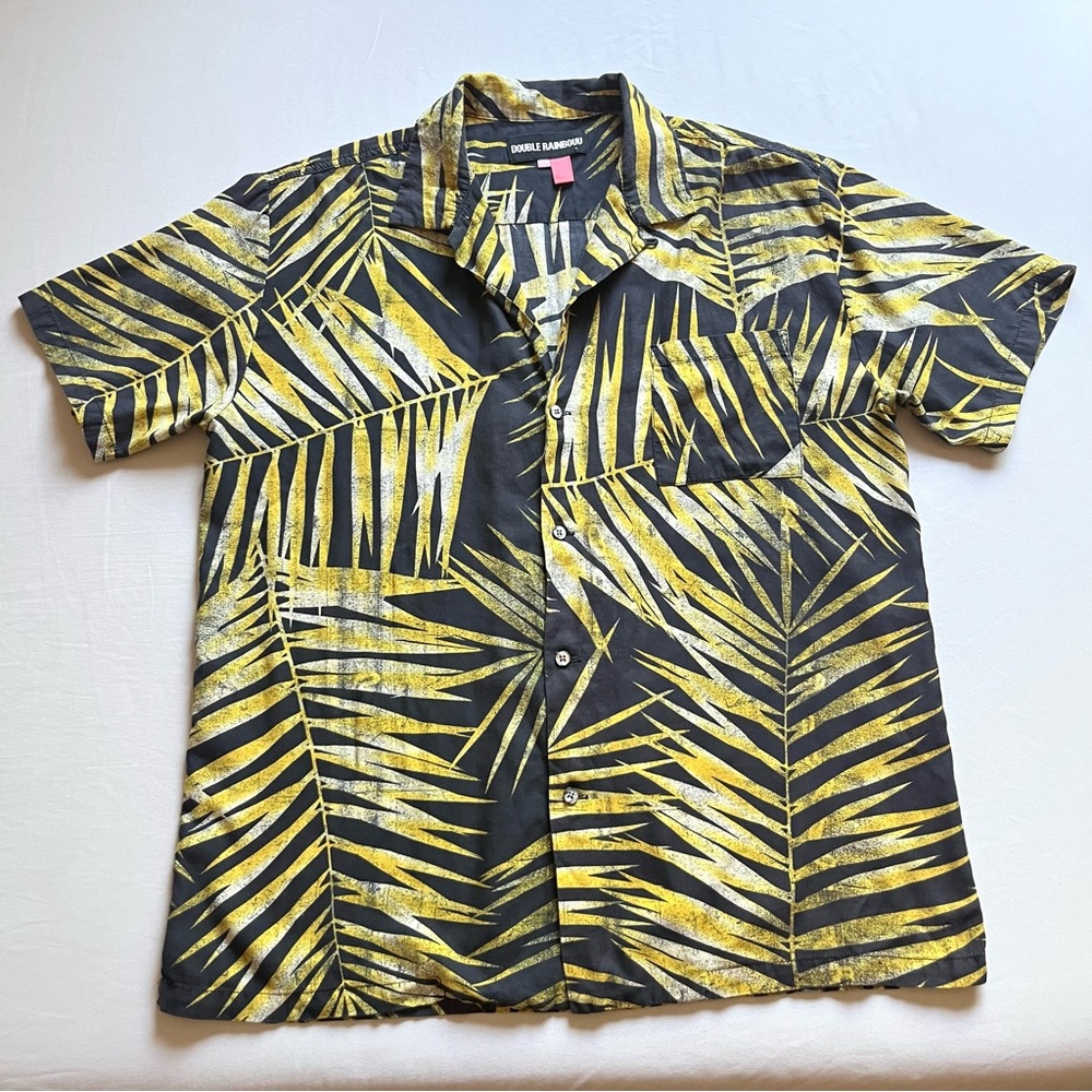 DOUBLE RAINBOUU black yellow leaf tree tropical print button up‎ shirt